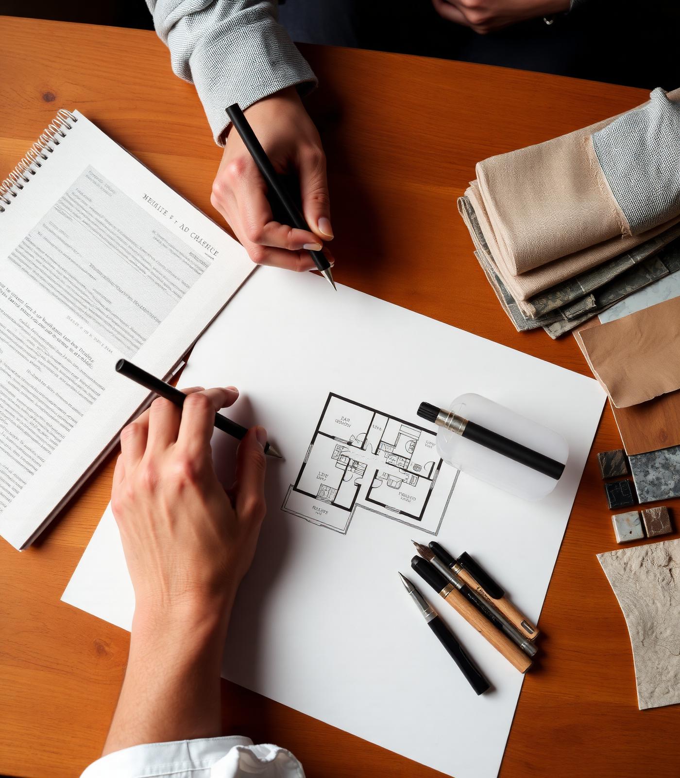Architect sketching a floor plan with material samples